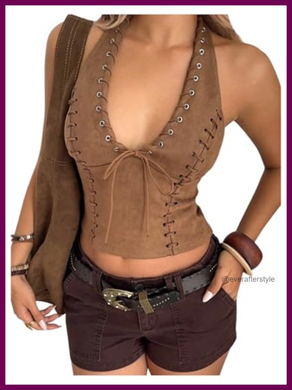 Suedette Halter Crop Top Lace-Up Backless Y2k Western Style